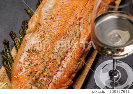 Grilled salmon fillets and asparagus Grilled salmon fillets and asparagus 130527651