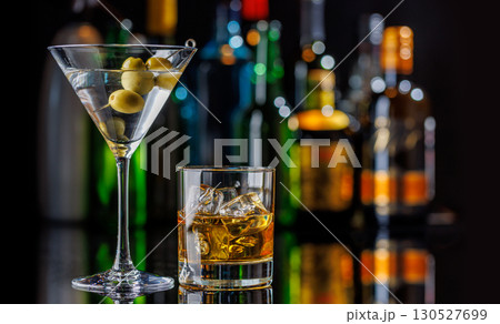 Martini cocktail and whiskey on the rocks 130527699