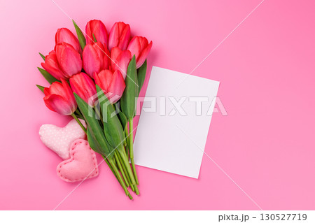 Pink tulip bouquet with a handmade hearts and blank greeting card Pink tulip bouquet with a handmade hearts and blank greeting card 130527719