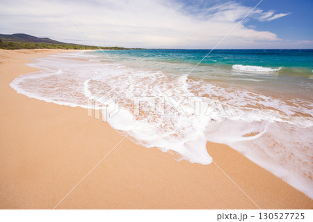 Sunny beach in Hawaii with golden sand, clear blue water under a bright sky 130527725
