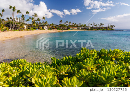 Sunny resort in Hawaii with golden sand, clear blue water under a bright sky Sunny resort in Hawaii with golden sand, clear blue water under a bright sky 130527726