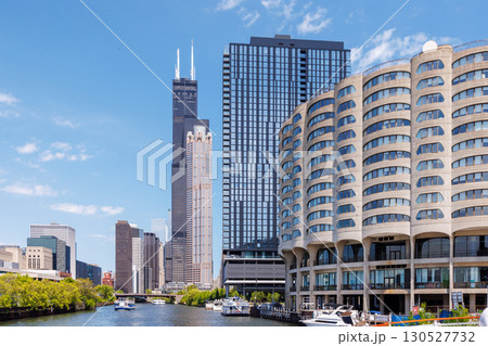 Vibrant sunny view of Chicago downtown skyline under a blue sky 130527732