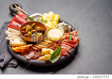 A selection of various cheeses and meats 130527737