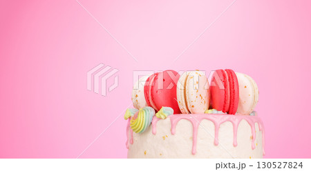 A beautifully decorated cake adorned with colorful macarons A beautifully decorated cake adorned with colorful macarons 130527824