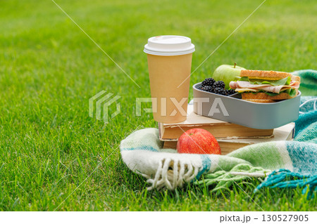 Romantic picnic on a lawn with books, fresh sandwiches, fruits, and coffee Romantic picnic on a lawn with books, fresh sandwiches, fruits, and coffee 130527905