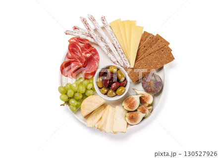 Antipasto platter with prosciutto, cheese, olives, salami, figs, grapes, and crackers 130527926