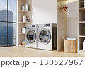 Chic laundry area showcasing modern washing machines and streamlined organization. 3D render illustration 130527967