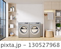 Well-designed laundry room with modern washing machines and optimal organization. 3D render illustration 130527968