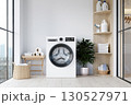 Contemporary laundry space equipped with a modern washing machine and stylish accessories. 3D render illustration 130527971
