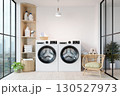 Laundry room design featuring modern washing machines and storage solutions. 3D render illustration 130527973
