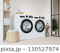Sleek laundry area with efficient washing machine and organized space. 3D render illustration 130527974