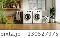 Home laundry design featuring sleek white washing machines. 3D render illustration 130527975
