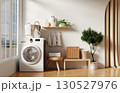 Home laundry organization with modern appliances and elegant decor. 3D render illustration 130527976
