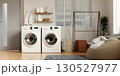 Elegant laundry room design featuring modern appliances and decor. 3D render illustration 130527977