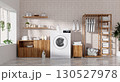 Home laundry organization with stylish shelving and modern appliances. 3D render illustration 130527978