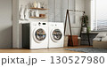 Contemporary laundry room design with practical washing machines and decor. 3D render illustration 130527980