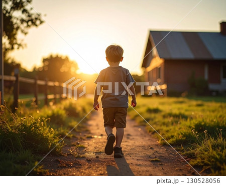 夕暮れに歩く子どもの後ろ姿 130528056