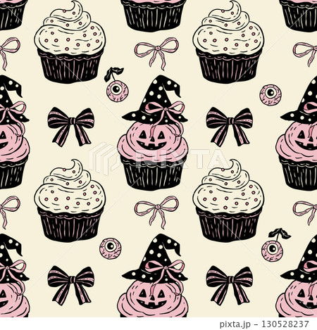 Retro Halloween Cupcake Pattern With Witch Hat And Bows In Vintage Seamless Vector Style Retro Halloween Cupcake Pattern With Witch Hat And Bows In Vintage Seamless Vector Style 130528237