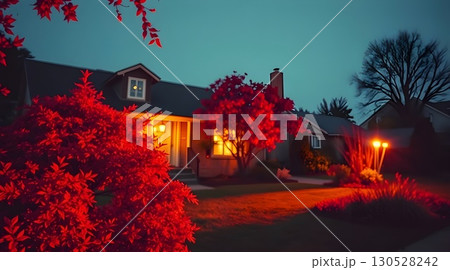a small house with red maple trees in front of a residential house with red wine house at sunset 130528242