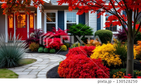 entrance to residential house with red garden 130528250