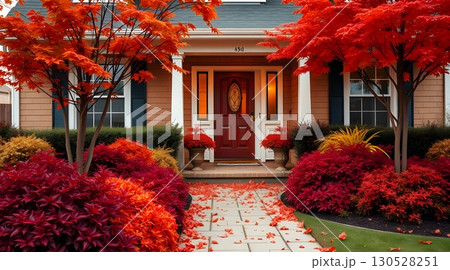 wooden gazebo in autumn forest 130528251