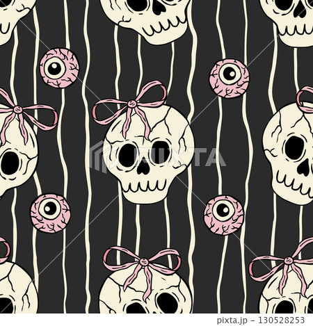 Retro Halloween Coquette Seamless Pattern Vector Background Skull Eyeball Eye Ribbon, Striped Wallpaper 130528253