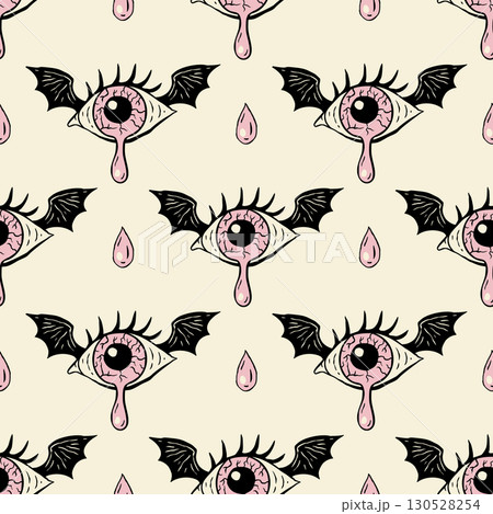 Retro Halloween Monster Eye Seamless Pattern Vector Background Vintage With Crying Eyeball And Bat Wing 130528254