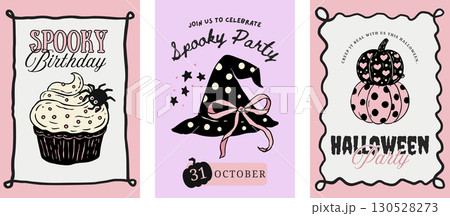 Retro Pink Halloween Poster Flyer Set Whimsical Doodle Coquette Cute Card Vector With Witch Hat Cupcake Pumpkin Party 130528273
