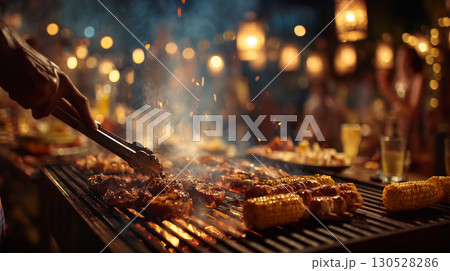 Close-up of barbecue grilling meat and corn at a night party with bokeh effect lights and people in the background Close-up of barbecue grilling meat and corn at a night party with bokeh effect lights and people in the background 130528286