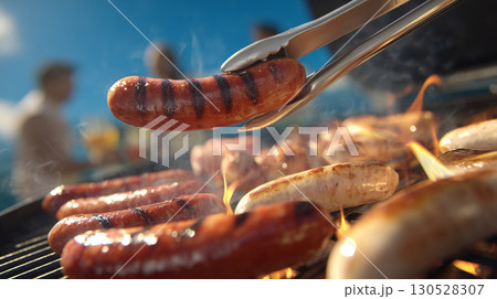 Metallic tongs turning sizzling sausages over charcoal grill during backyard cookout Metallic tongs turning sizzling sausages over charcoal grill during backyard cookout 130528307
