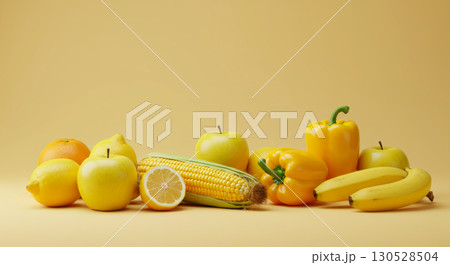 Healthy food concept. Assortment of fresh yellow fruits and vegetables on a neutral background. 130528504