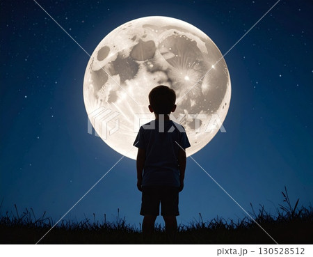 月を見上げる子供のシルエット 月を見上げる子供のシルエット 130528512