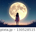 月を見上げる子供のシルエット 130528515
