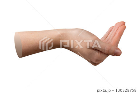 Hand holding gentle cupped gesture, female palm receiving, subtle request, bending thumb side view, 130528759