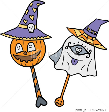 halloween cute cartoon. Cute Halloween pumpkin and ghost on sticks wearing witch hats. retro trendy halloween in doodle pastel color style 130529074