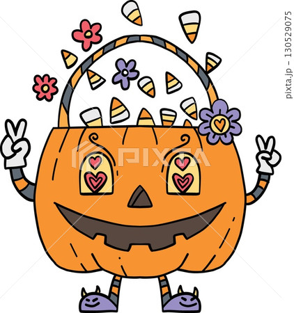 halloween cute cartoon. Cute Halloween pumpkin bucket with candy corn and flowers, cartoon style retro trendy halloween in doodle pastel color style halloween cute cartoon. Cute Halloween pumpkin bucket with candy corn and flowers, cartoon style retro trendy halloween in doodle pastel color style 130529075
