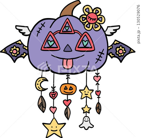 halloween cute cartoon. Purple Halloween pumpkin with three eyes and hanging charms cartoon. retro trendy halloween in doodle pastel color style 130529076