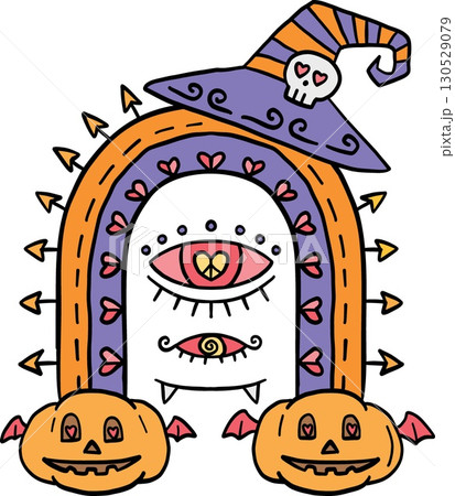 halloween cute cartoon. Halloween-themed whimsical monster with pumpkins and a witch hat. retro trendy halloween in doodle pastel color style 130529079