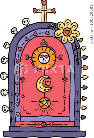 halloween cute cartoon. Colorful mystical altar with sun, moon, star, and skull decorations. retro trendy halloween in doodle pastel color style halloween cute cartoon. Colorful mystical altar with sun, moon, star, and skull decorations. retro trendy halloween in doodle pastel color style 130529081