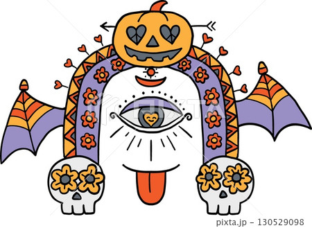 halloween cute cartoon. Halloween-themed doodle with pumpkin, skulls, bat wings, and mystical eye. retro trendy halloween in doodle pastel color style 130529098