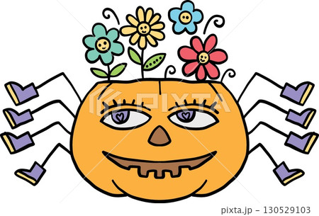 halloween cute cartoon. Whimsical pumpkin with smiling face, flowers sprouting, and spider legs. retro trendy halloween in doodle pastel color style 130529103