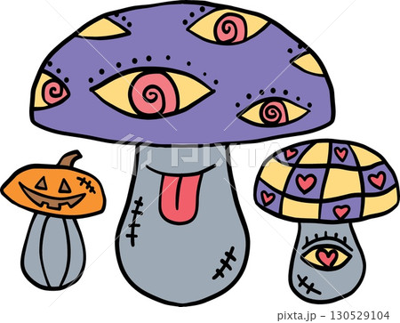 halloween cute cartoon. Three colorful, cartoon-style mushrooms with unique patterns and faces. retro trendy halloween in doodle pastel color style 130529104