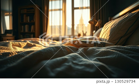 Comfortable bed with plush sheets in soft ambiance. Comfortable bed with plush sheets in soft ambiance. 130529734