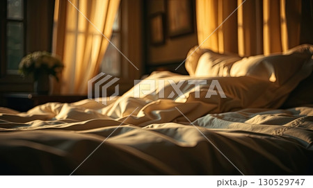 Modern bedroom with neatly arranged bed linen. 130529747