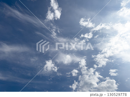 dynamic sky scene featuring wispy cirrus streaks and fluffy cumulus clouds scattered across a deep 130529778
