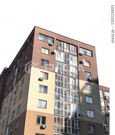 Modern apartment building with a high rise facade. Residential multi story condo offering Modern apartment building with a high rise facade. Residential multi story condo offering 130529801