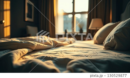 Modern bedroom with cozy bedding and ambient glow. Luxury bedding in softly lit, serene bedroom interior. 130529877