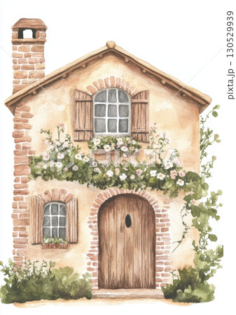 Charming watercolor drawing of small floral cottage with windows and roof 130529939