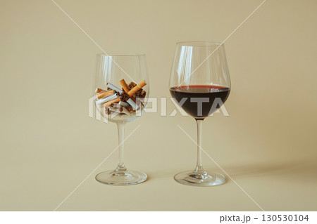 A wine glass is filled with cigarette butts next to a glass of red wine on a beige background. Concept of addiction and contrast. For anti-smoking campaign. 130530104