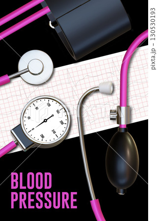 Blood pressure realistic poster, banner template with medical stethoscope, tonometer and ecg. Vector. Healthcare, medicine and diagnosis concept. Medical equipment blood pressure monitor. 130530193